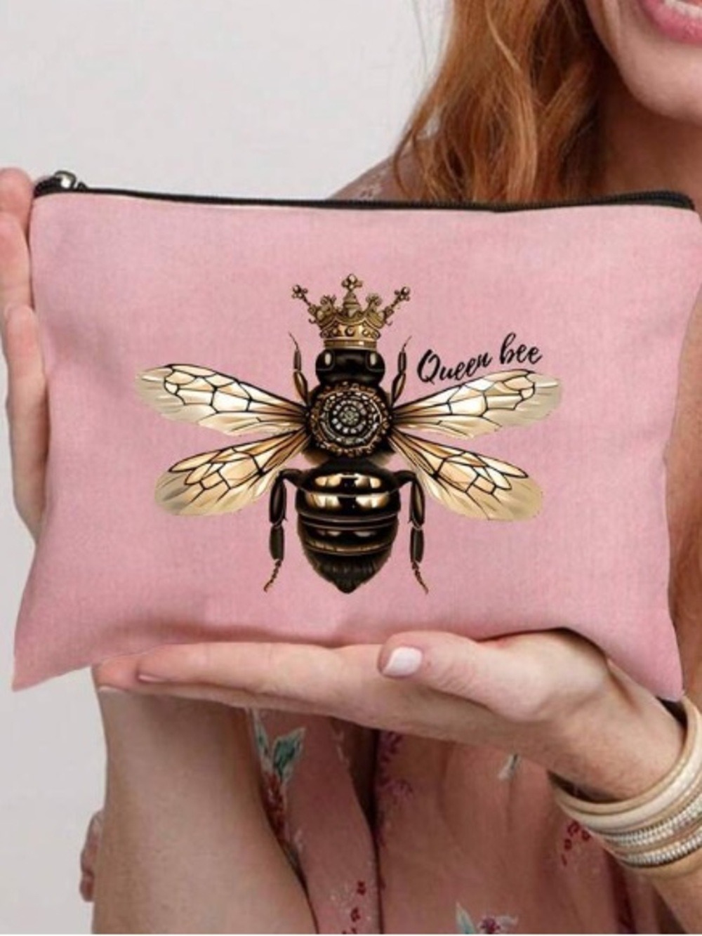 Queen Bee Pink Makeup Bag Cosmetic Travel Pouch Bee Lover Gift